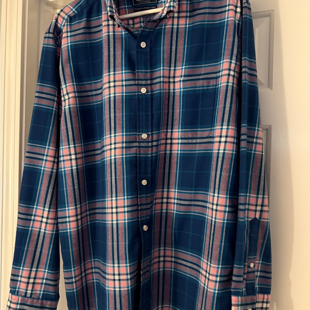 Vineyard Vines Men's Blue and Pink Plaid Shirt